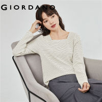 GIORDANO Women T-Shirts Square Neck V-Neck Simple Tee Stripe Long Sleeve Relaxed Comfort Fashion Casual Soft Tshirts 18323207 105