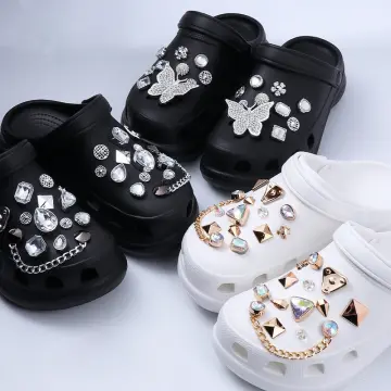 Cute Luxury Shoes Accesories Rhinestone Bling Croc Charms Metal Chain Croc  Shoe Decorations Diy Buckle Pearl Shoes Flower New