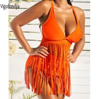 Vigobreviya 2023 Solid V Neck Strapped Tassel Swimwear Women Sexy High Waist Bikini Push UP Swimsuit Summer Beack Bathing Suit