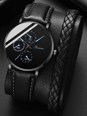 นาฬิกา + สร้อยข้อมือ2023แฟชั่นของผู้ชายเรียบง่ายชุดนาฬิกาบางพิเศษนักธุรกิจผู้ชาย PU แบบสายหนังควอตซ์