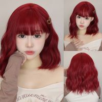 Wine Red Short Bob Synthetic Wigs with Bang Natural Wavy Burgundy Hair Wig for Women Daily Cosplay Heat Resistant Fiber