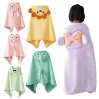 【CC】∏  Hooded Kids Cartoon Absorbent Coral Fleece Large Bathrobe Wrap With Hood Wearable Soft Blanket Poncho