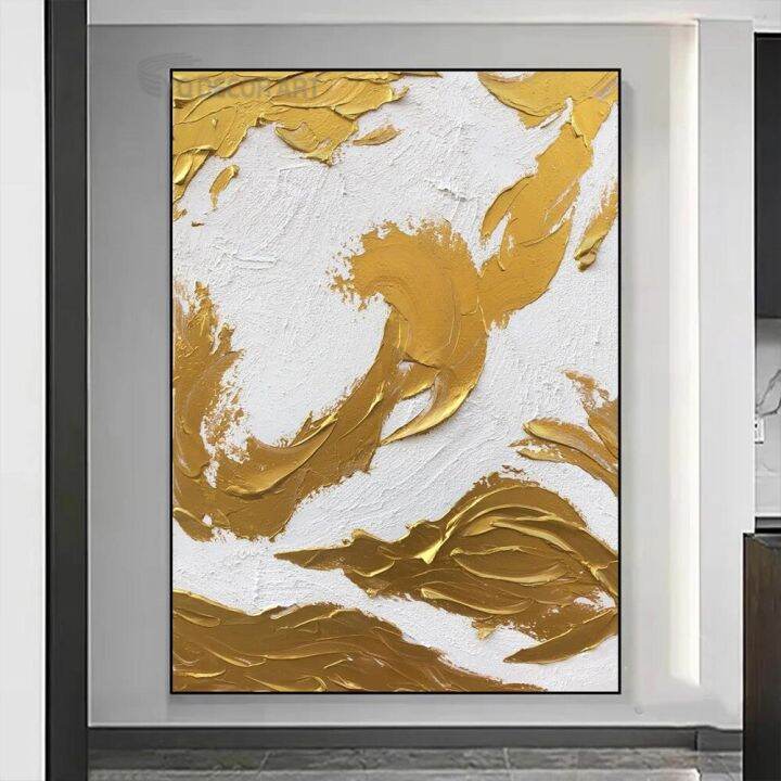 Original Large Minimalist Gold Oil Painting On Canvas Modern Gold Foil