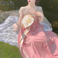 Zhu Xia ปรับปรุง Hanfu กระโปรงผู้หญิงมีองค์ประกอบของสไตล์ประจำชาติพิมพ์ลายชุดเดรสโบราณนางฟ้าประจำวันแบบย้อนยุคอ่อนโยน