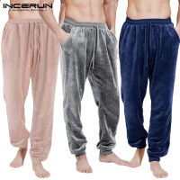 INCERUN Men Sleep Pants Solid Fleece Warm Fluffy Drawstring Soft Trousers Mens Pockets Sleep Bottoms Homewear Leisure Pajamas