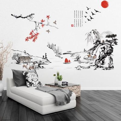 chinese Style Ink Painting landscape art wall Stickers living room Bedroom background for home decoration Mural Decals wallpaper Tapestries Hangings