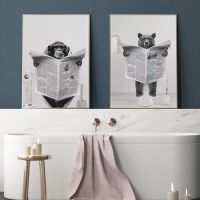 2023 ☊☁♧ Whimsy Animals Monkey Bear In Toilet Reading Newspaper Posters Sloth SPA Canvas Painting Funny Humor Wall Art Kid Bathroom Decor
