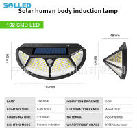 SOLLED 102LEDs 4ด้านกันน้ำไฟแสงอาทิตย์เซ็นเซอร์ตรวจจับการเคลื่อนไหวร่างกายมนุษย์เหนี่ยวนำโคมไฟติดผนังสำหรับสวนถนน