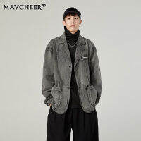 MAYCHEER แจ็คเก็ตแจ็คเก็ตยีนส์ขาดชายอเมริกาแบบย้อนยุคออกเสื้อเบลเซอร์ลำลองหลวมและอเนกประสงค์