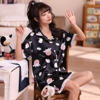 【jw】❅  luxurious Set 2 Pieces Stain Silk Sleepwear Short Sleeve Shorts Pink Color Homewear