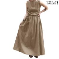 COD DSTGRTYTRUYUY ZANZEA Women Summer Sleeveless Drawstring Waist A Line Long Maxi Dress