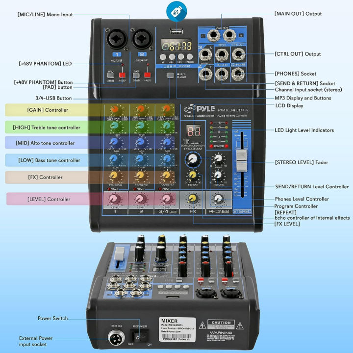 pyle-professional-audio-mixer-sound-board-console-system-interface-4-channel-digital-usb-bluetooth-mp3-computer-input-48v-phantom-power-stereo-dj-studio-streaming-fx-16-bit-dsp-processor-pmxu43bt-5-pr