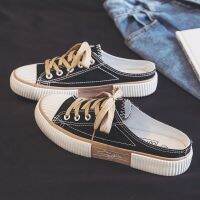 ✙ 220701 biscuit half-drag canvas shoes female students 2021 New style no heel one-step lazy shoes