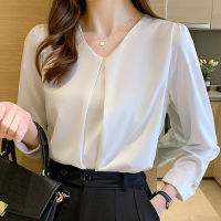 New R Pullover White Long Sleeve Solid Color Shirt Womens Simple Blue Tops and Blouse Women Spliced Chiffon Elegant 1571