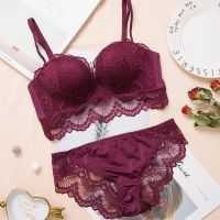 Comfortable Gathering Sexy Underwear Suit push up bra Ring-free lace edge massage palm cup bra+set lingerie femme 75C 80C 85C