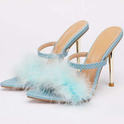 y Furry Thin High Heels Sandals Slippers Outside Fashion Shallow PU Ladies Pointed Toe Elegant Slip-On Solid Party