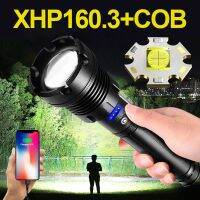 โคมไฟ XHP70.2 COB XHP160.3ทรงพลังที่สุดแสงแฟลชยุทธวิธีที่สามารถชาร์จได้ USB ไฟฉาย LED 800000 LM แบบพกพา