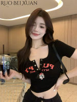 RuoBeiXuan รูปการ์ตูนเสื้อยืดผู้หญิงสไตล์เกาหลีแบบใหม่ของกระแส INS เป็นเอกลักษณ์เฉพาะบางความปรารถนาที่บริสุทธิ์ Cewek Seksi ด้านบน