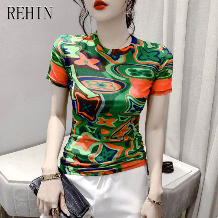 rehin-เสื้อยืดผู้หญิงฤดูร้อนแฟชั่นแขนสั้นพิมพ์ลายตาข่ายคอกลมเสื้อมีสไตล์เกาหลีเสื้อเชิ้ตชายและใหม่