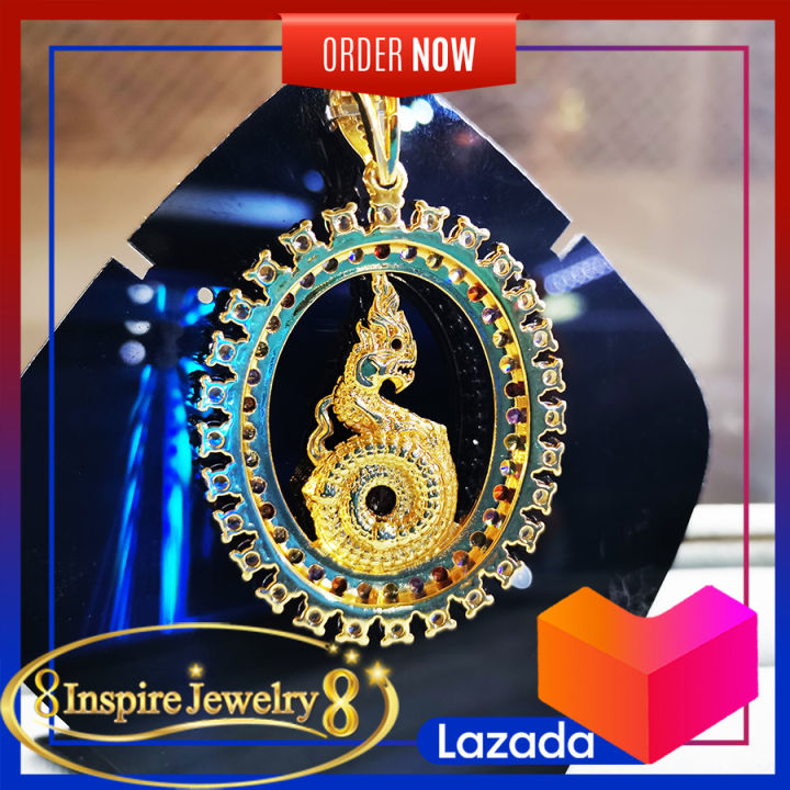 inspire-jewelry-จี้พญานาคสี่ตระกูล-ทองลงยา-กรอบทองตอกลาย-พร้อมถุงกำมะหยี่