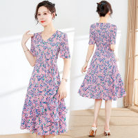 Factory Outlet 2023 Summer Mid -Length Printed Slim Lace Waist Fashion Chiffon Skirt V -Neck Short -Sleeved