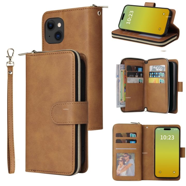 กระเป๋ากระเป๋าสตางค์แบบมีซิปมีช่องใส่การ์ด9ช่อง-เคสโทรศัพท์หนังสำหรับ-iphone-15-pro-max-iphone-15-plus