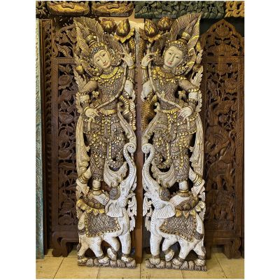 ไม้สักแกะสลัก (1 คู่) เทวดาขี่ช้าง 180x45 cm. งานไม้ นางไหว้ขี่ช้าง สีแอนทิค เสริมมงคล ..รับประกันการจัดส่ง.. Teak Wooden Carved Kinnaree Art wall