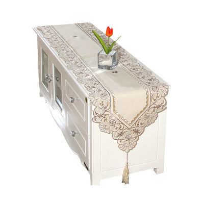 Flowers Embroidered Long Satin Floral Dresser Table Runner Beige Home Dinning Decorative Lace Tapestry - Brown Flower