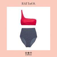 [RAFTnCO.] Striped Colour Block Two-piece Swimsuit ชุดว่ายน้ำทูพีซ ผ้าร่อง เอวสูง จับคู่สี ชมพู-เทา/Pink-Grey