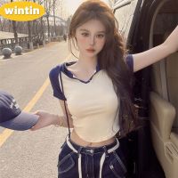 Wintin Summer New Pure Desire Hooded Short-Sleeved T-shirt Female Hot Girl Slim Design Contrast Color Irregular U-Shaped Short Top