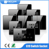 G19 UN UK EU Standard Wall Light Switch Power Socket Type-C Outlet Black Full Tempered Glass Panel TV TEL Computer USB Socket-Cgefeng