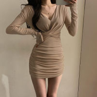 Spot parcel post Design Chest Cross Long Sleeves Bottoming Dress Autumn Sexy Deep V Slim Fit Slimming Pleating Hip Skirt