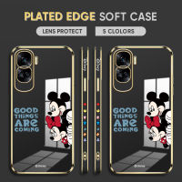 Cetus For Honor 90 5G,90 Lite 5G ฟรีสายคล้อง + การ์ตูนน่ารัก Mikey Minnie Mouse (Disny) ปลอกลายขอบสี่เหลี่ยมชุบเคสโทรศัพท์เคสโทรศัพท์นิ่มชุบหรูหรา