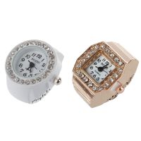 Square Dial Glitter Crystal Decor Elastic Band Finger Ring Watch Copper Tone for Lady &amp; Finger Ring Watch Chic White Rhinestone for Ladies