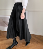 SuperAen 2022 Winter New Fashion Light Ripe Elastic Waist Leather Pleated Solid A-LINE Casual Skirts Womens