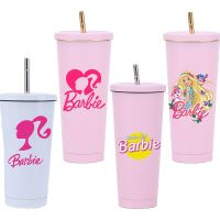 New 500/750Ml Kawaii Barbie Stainless Steel Straw Cup Anime Portable Large Capacity Insulation Cold Coffee Mug Water Bottle Gift