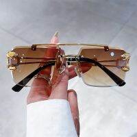 ▥ Luxury Brand Design Vintage Rimless Sunglasses Women 2023 Fashion Trendy Leopard Head Frame Gradient Sun Glasses For Men UV400