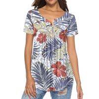 Sublimation Print Pink Leopard Skin Tropical Palm Leaves And Flowers V-neck T-shirt Women Top Short Sleeve Pleated Buckle Shirt