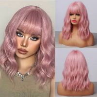 Pink Synthetic Wig for women Short Wavy Wigs With Bangs Daily Colorful Bob Hair Shoulder Length Cosplay Wig Heat Resistant Fiber [ Hot sell ] ea1voy