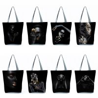 African Art Gold And Silver Woman Handbag High Capacity Tote Black Fashion Foldable Shopping Bag Print Light Shoulder Bag Female