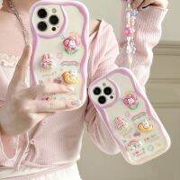 เคสโทรศัพท์ครีมทาขอบนอกแบบไม่สม่ำเสมอ3D กระต่ายสายรุ้งและตุ๊กตาพร้อมสร้อยข้อมือสำหรับ iPhone X, XS, XR, 11, 12, 13, 14ซีรีส์