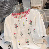 利Super Mall 2023 Summer New Loose Fit Age Reducing Sweet Contrast Embroidery Short Sleeve Round Neck Pullover Knit Sweater Womens Top