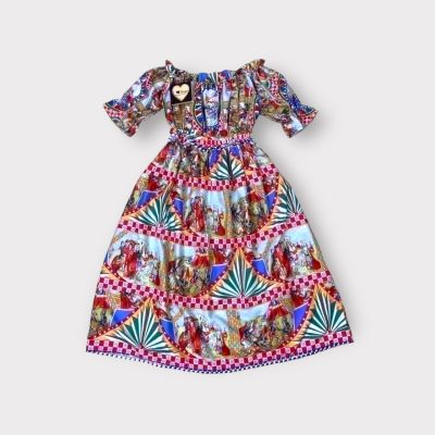 P015-112  PIMNADACLOSET - Off Shoulder Short Sleeve Smocked Waist Print A Line Midi Dress