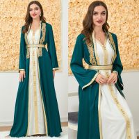 [COD] Muslim 2pcs Set Embroidery with Ramadan Abaya V-neck Bottom Inner Fashion Kaftan Dubai Vestdios Robe Eid