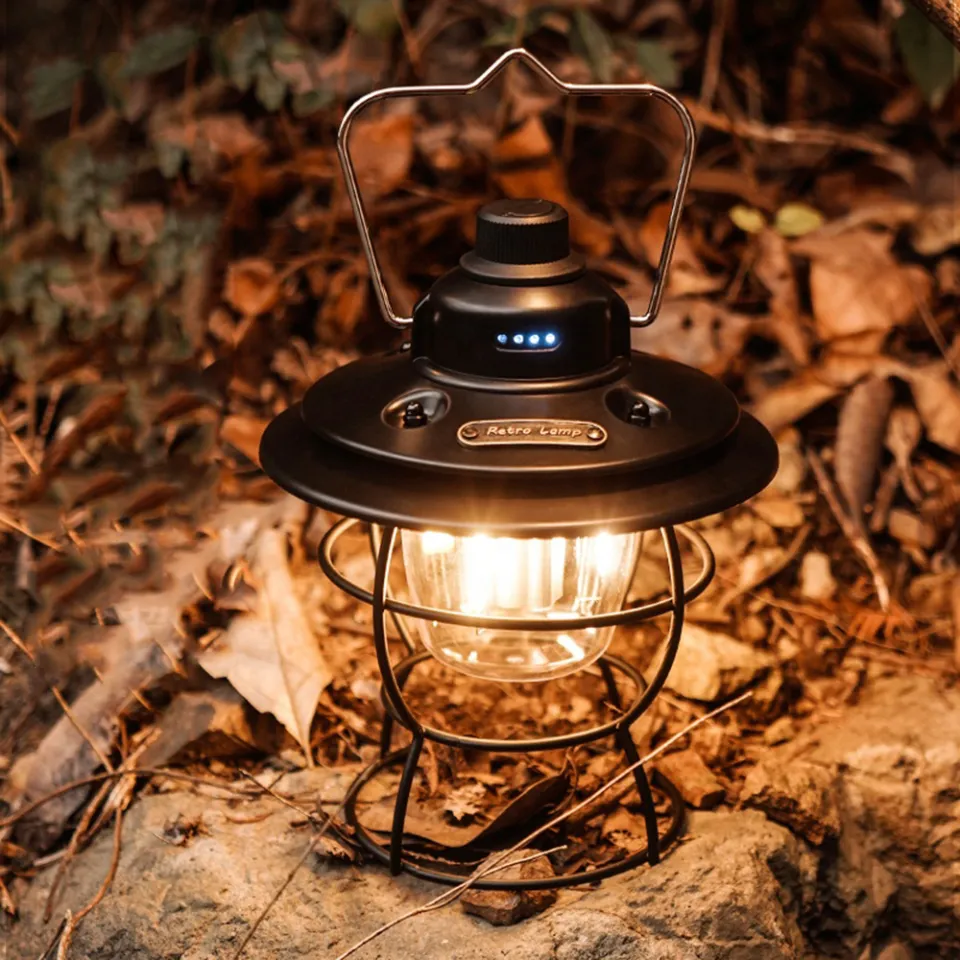 2022 Portable Retro Camping Lantern Rechargeable Metal Handle Flashlight  Vintage Warm White Light Outdoor Hanging Tent Light