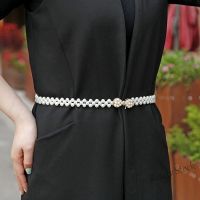 【hot sale】 ✙✓▣ B55 Women Pearl Belt Waist Belt Elastic Buckle Pearl Chain Belt Dress Crystal Strap