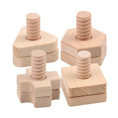 Beech Baby Toys Screw Nut Wooden Building Block Early Education Geometry Shape Matching Toy Fine Motor Skill Blocks for Toddlers