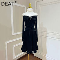 DEAT Women Dress Velvet Rhinestone Bow Mesh Slash Neck Thick Vintage Style Open Shoulder Dresses 2022 Spring Fashion 15AB501