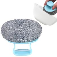 Stainless Steel Scrubber With Handle Wire Ball Pads Pan Cleaning Brushes High Abrasion Wire Ball Scour Pad For Pots Pans Grills Sponges Scourers Cloth