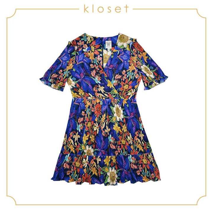 kloset-iris-printed-with-ruffle-mini-dress-aw19-d008-ชุดเดรส-ชุดผ้าพลีท-ชุดเดรสสั้น-ชุดเดรสแฟชั่น